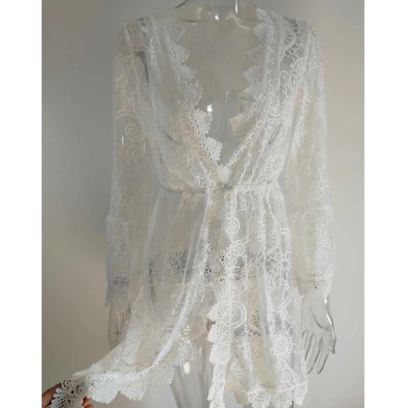 Bohemian White Lace Beach Cover up Bell Sleeve - Picture 7 of 13